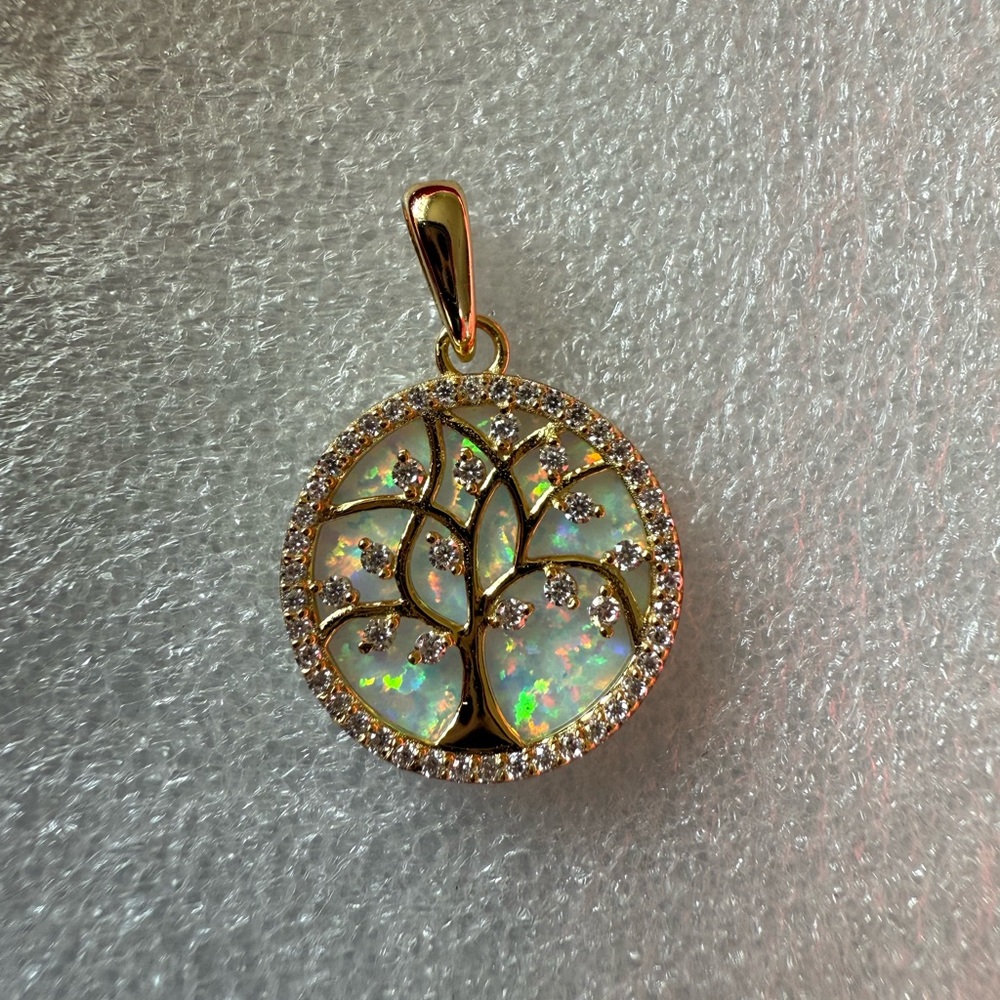 Moissanite and Mother of Pearl Tree of Life Pendant in Gold